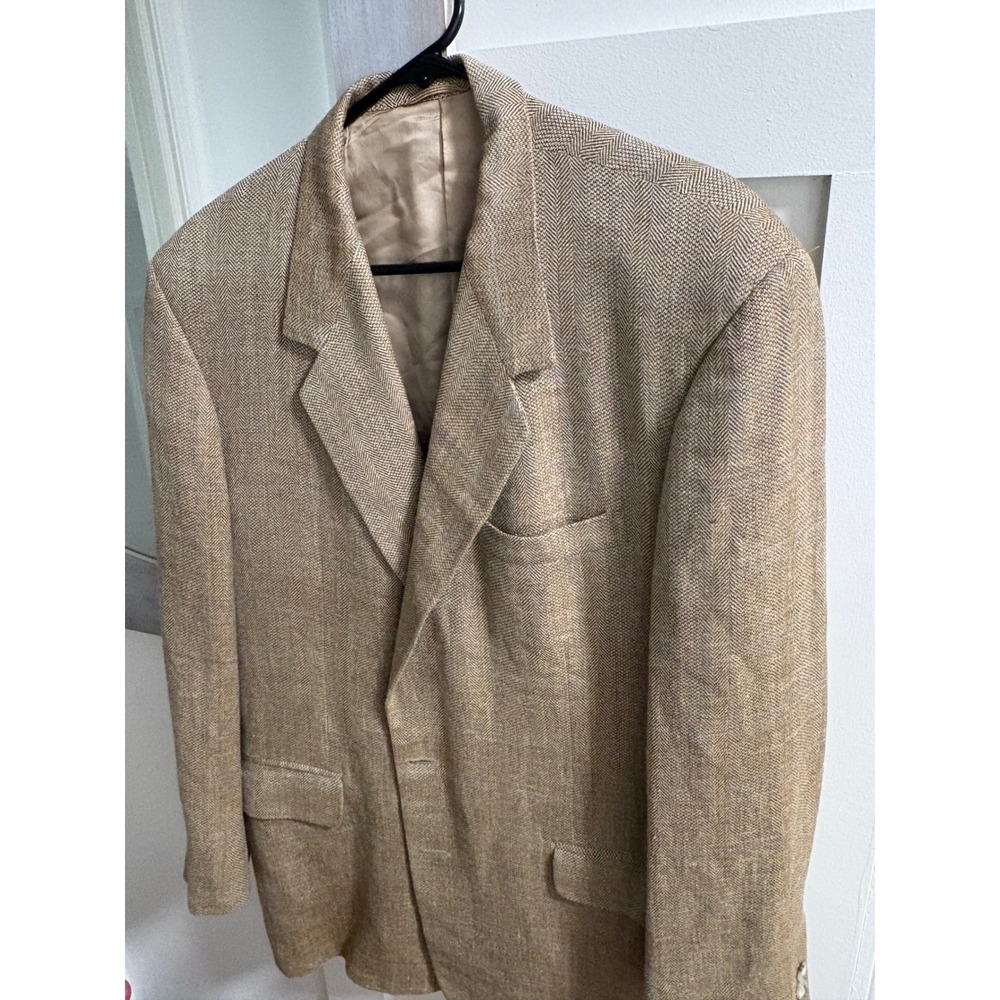 Tom James Filo A Mano Mens Tan Herringbone Windowpane Blazer Sport Coat USA